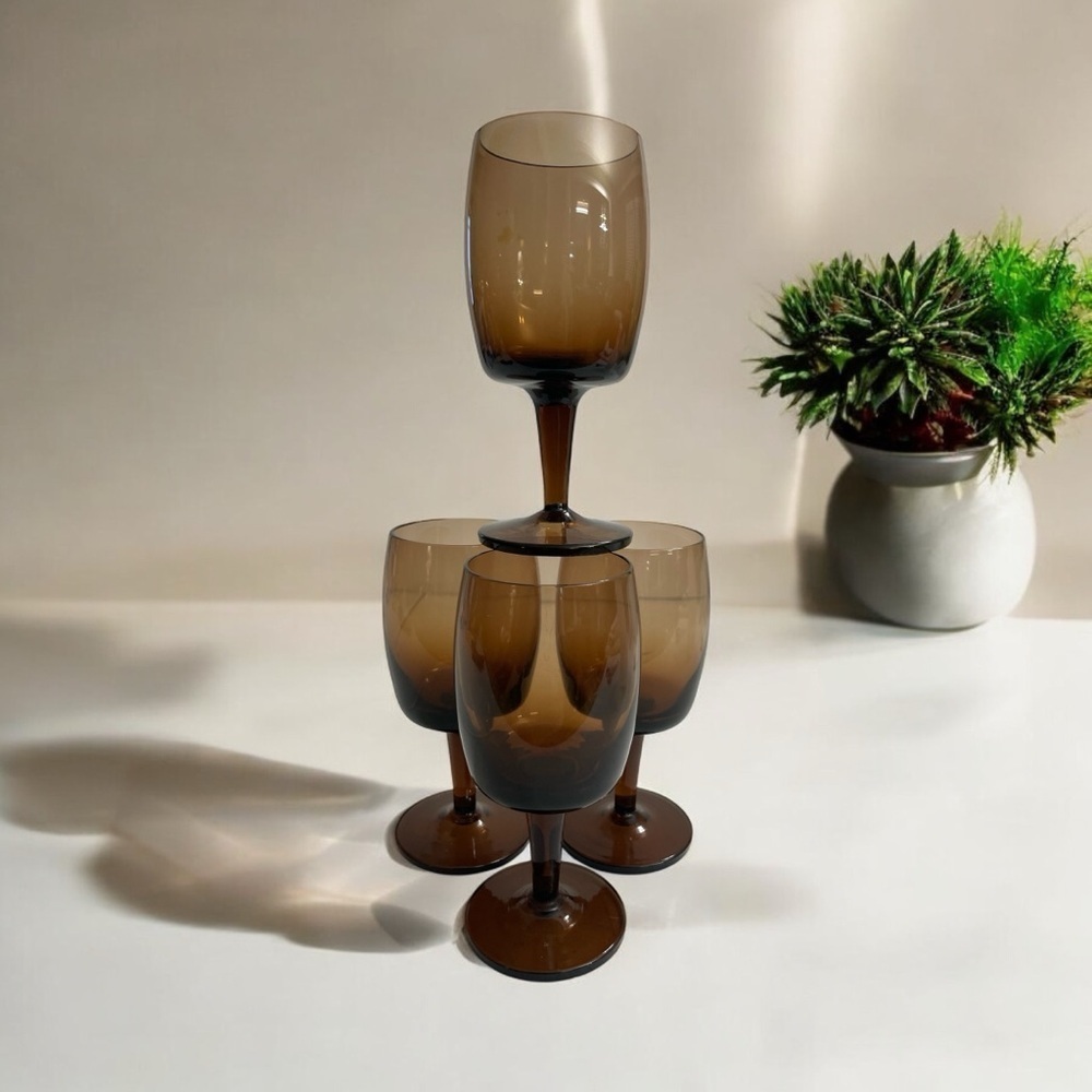4 Gorham Reizart Crystal Accent Brown Wine Glass, Goblet 5.25" MCM VTG